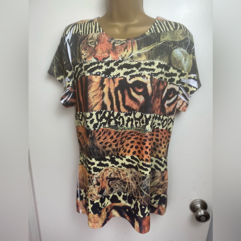 Big Bang Clothing Y2K Rhinestone‎ WildCat Tiger Leopard Cheetah Safari Top L/XL
